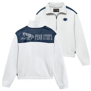 women's white 1/4 zip with Nittany Lion Shrine and Penn State on back shoulders
